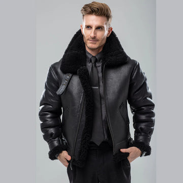 Men's B-3 Sheepskin Fur Leather Jacket - BLACK