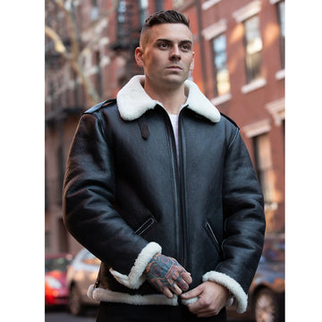 Men's B-6 Black Shearling Bomber Leather Jacket