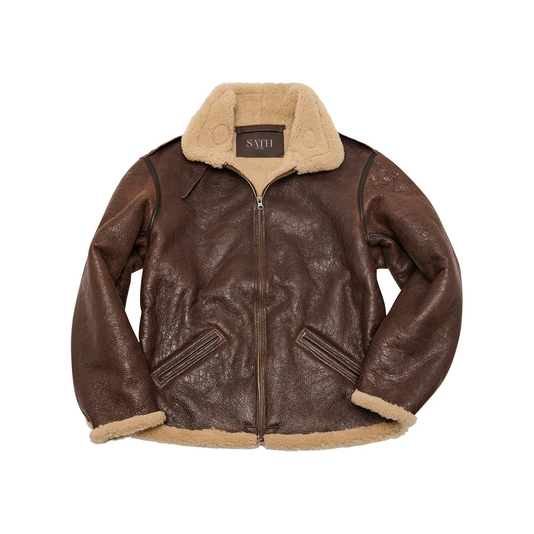 Men's B-6 Brown Shearling Bomber Leather Fur Jacket