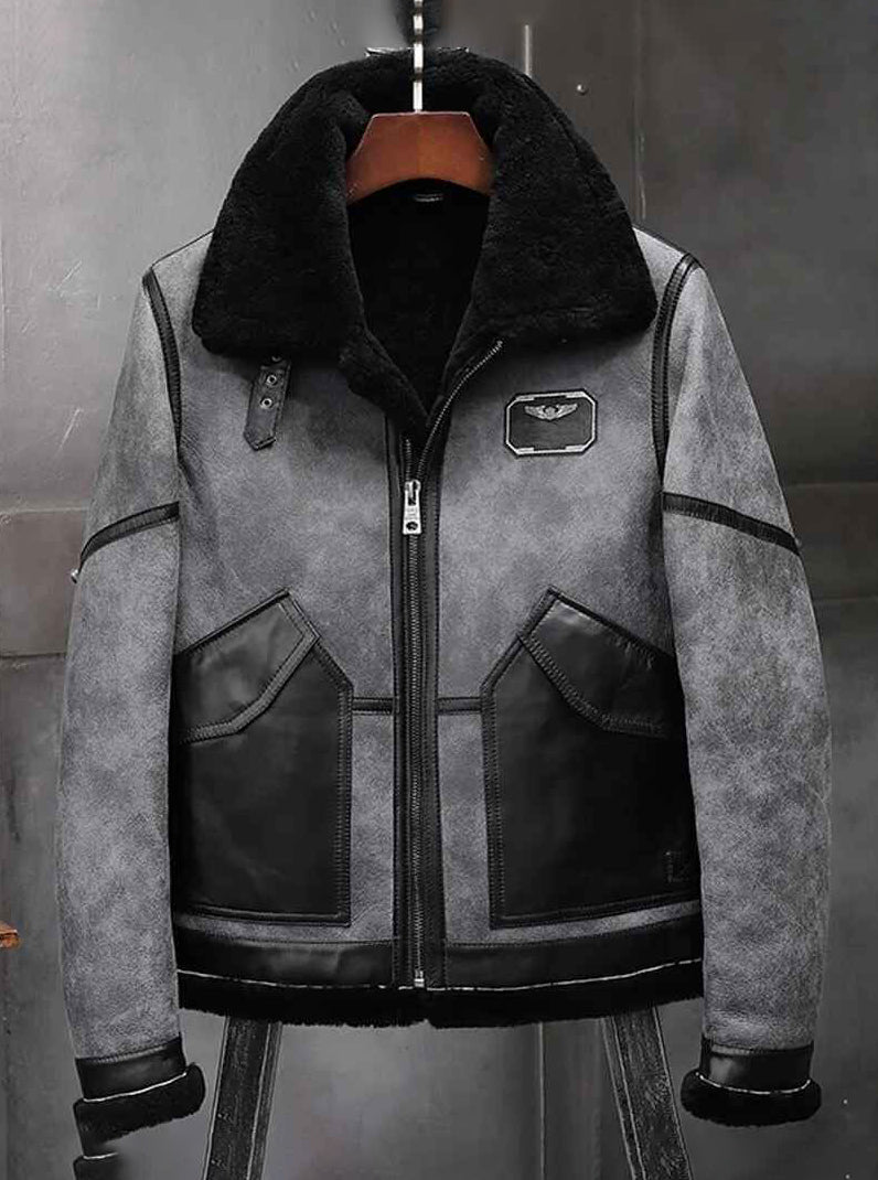 Men's B3 Airforce Flight Fur & Shearling Leather Jacket in Grey