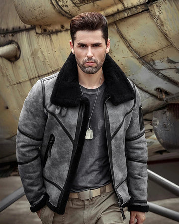 Men's B3 Flight Fur & Shearling Leather Jacket in Grey
