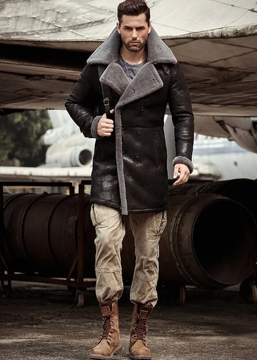 Men's B3 Flight Long Winter Sheepskin Fur & Shearling Coat in Black