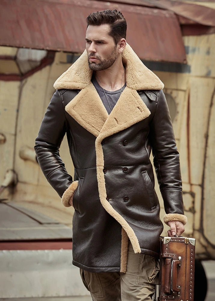 Men's B3 Flight Long Winter Sheepskin Fur & Shearling Coat in Dark Brown