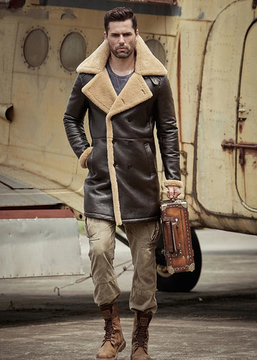Men's B3 Flight Long Winter Sheepskin Fur & Shearling Coat in Dark Brown