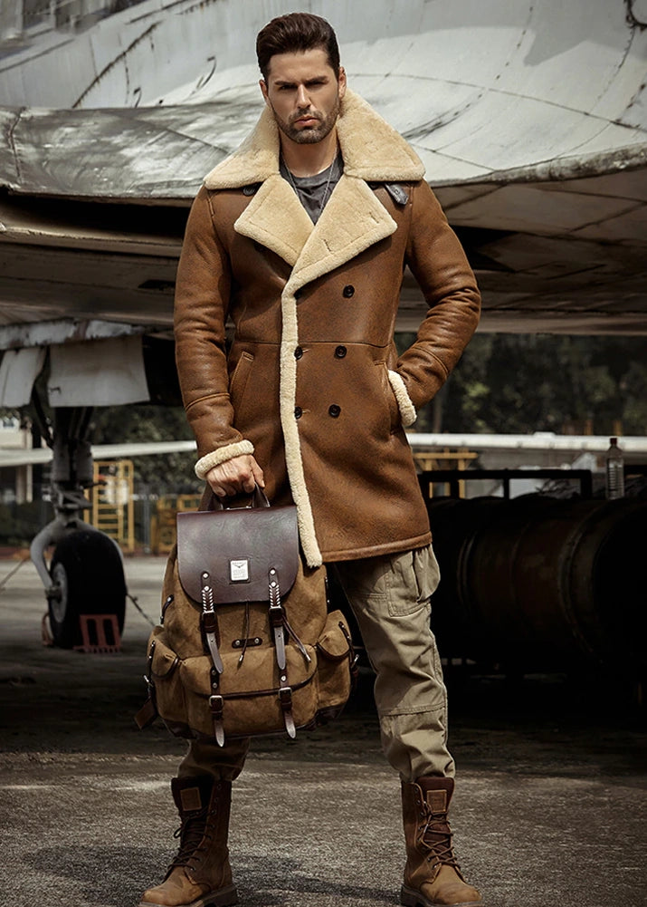 Men's B3 Flight Long Winter Sheepskin Fur & Shearling Coat in Brown