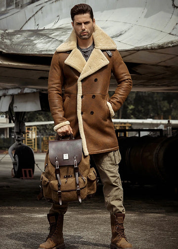 Men's B3 Flight Long Winter Sheepskin Fur & Shearling Coat in Brown