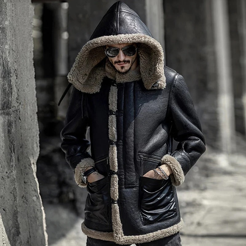 Men's B7 Gray Fur Shearling Leather Jacket With Removable Hood