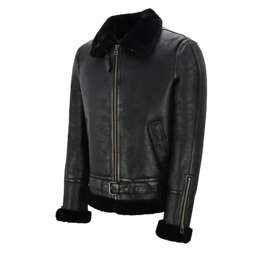 Men's Belted B3 Sheepskin Jacket Black & Black