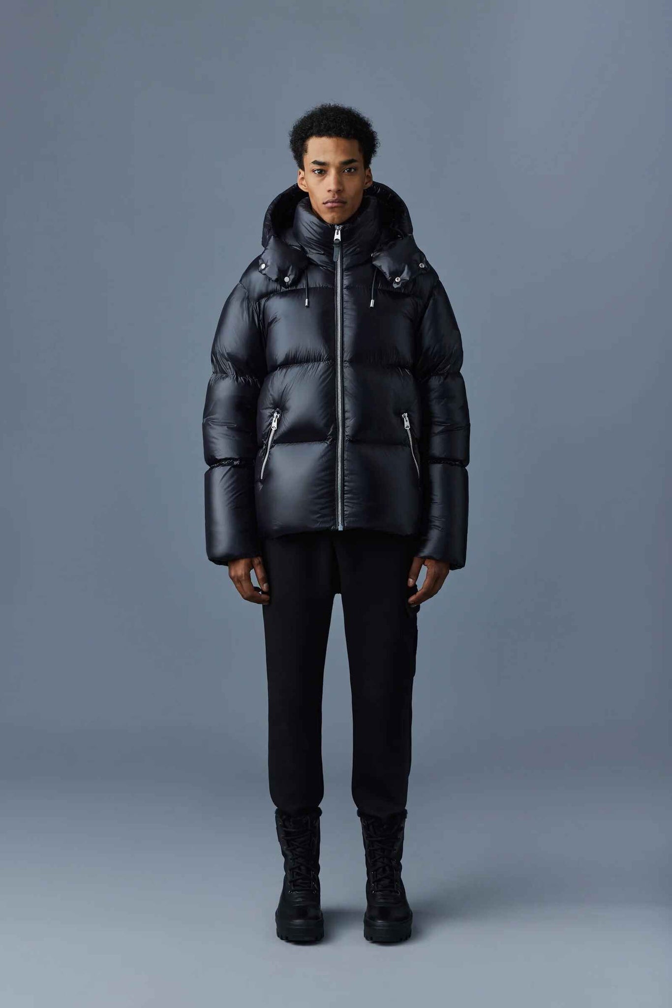 Men's Black Adjustable Hem Relax Fit Regular Fir Quilted Lustrous Down jacket