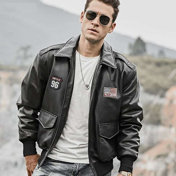 Men’s Black Bomber Leather Jacket Air Force Pilot Style