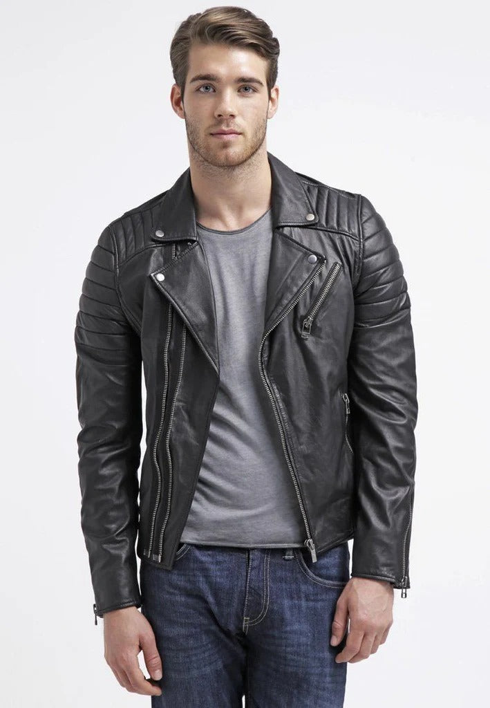 Men's Black Comfortable Fit Real Lambskin Leather Motorcycle Jacket