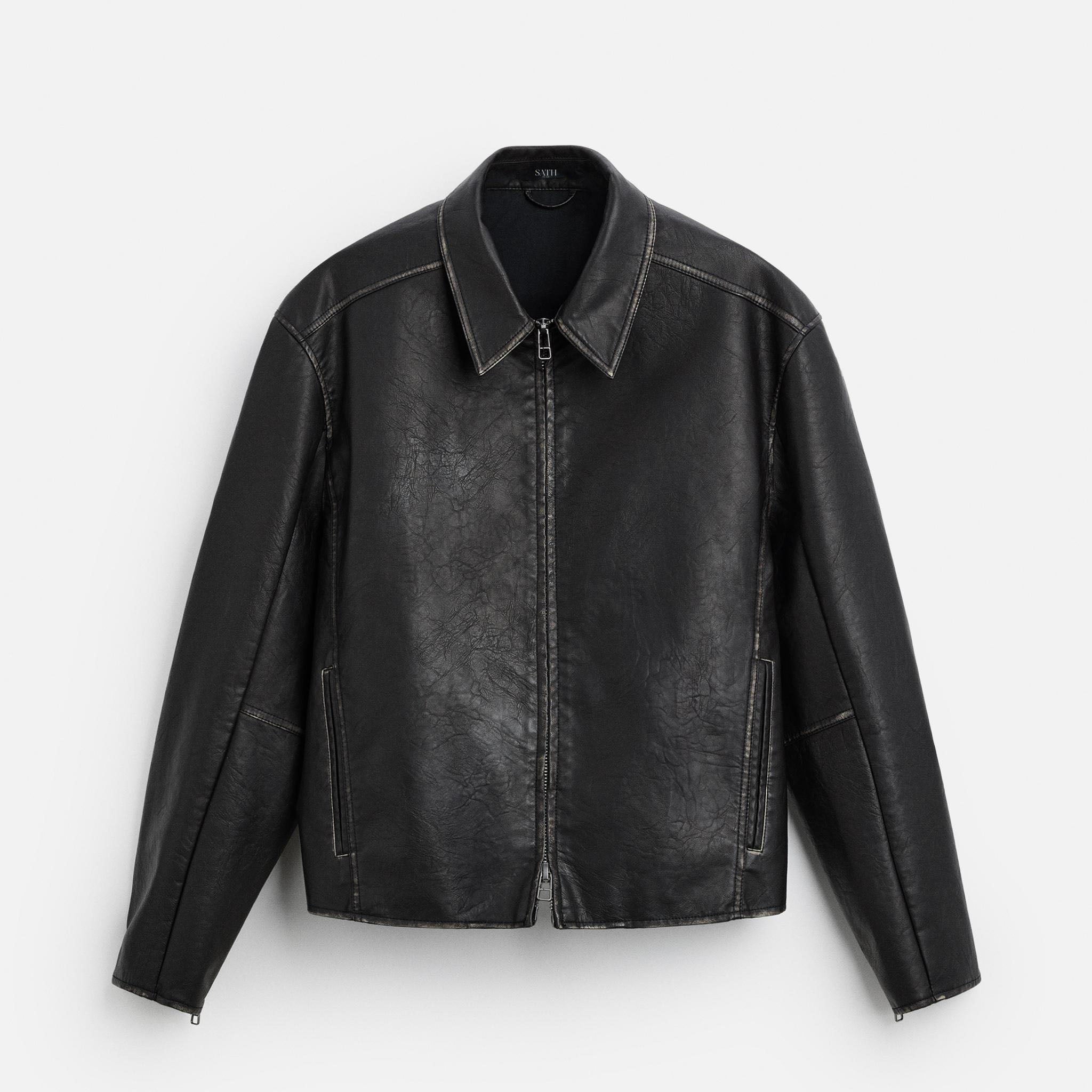 Men's Black Cropped Fit Simple Leather Jacket