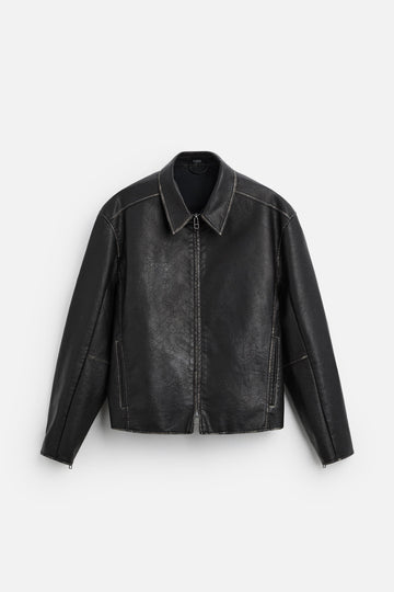 Men's Black Cropped Fit Simple Leather Jacket