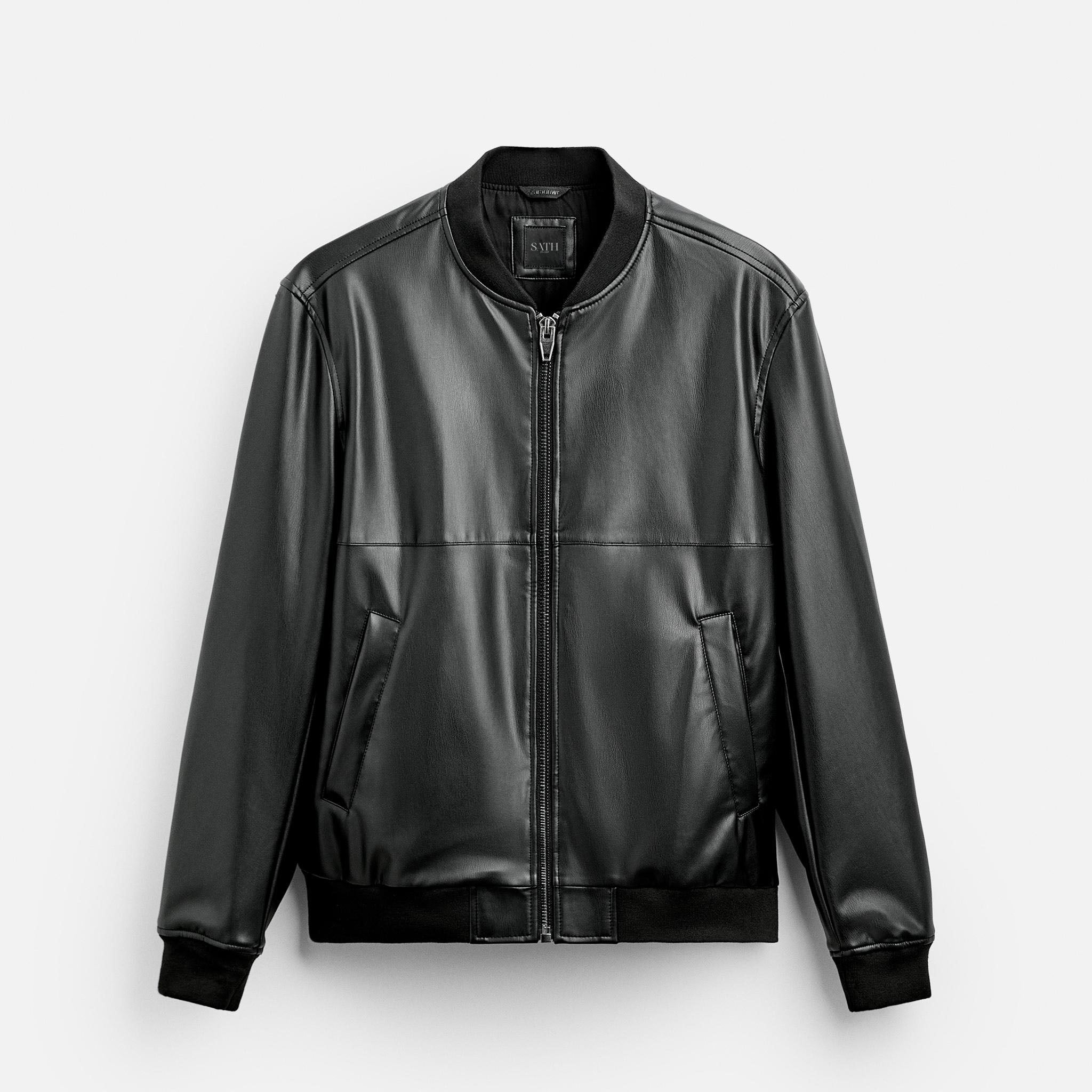 Men's Black Faux Leather Bomber Jacket with Long Sleeves