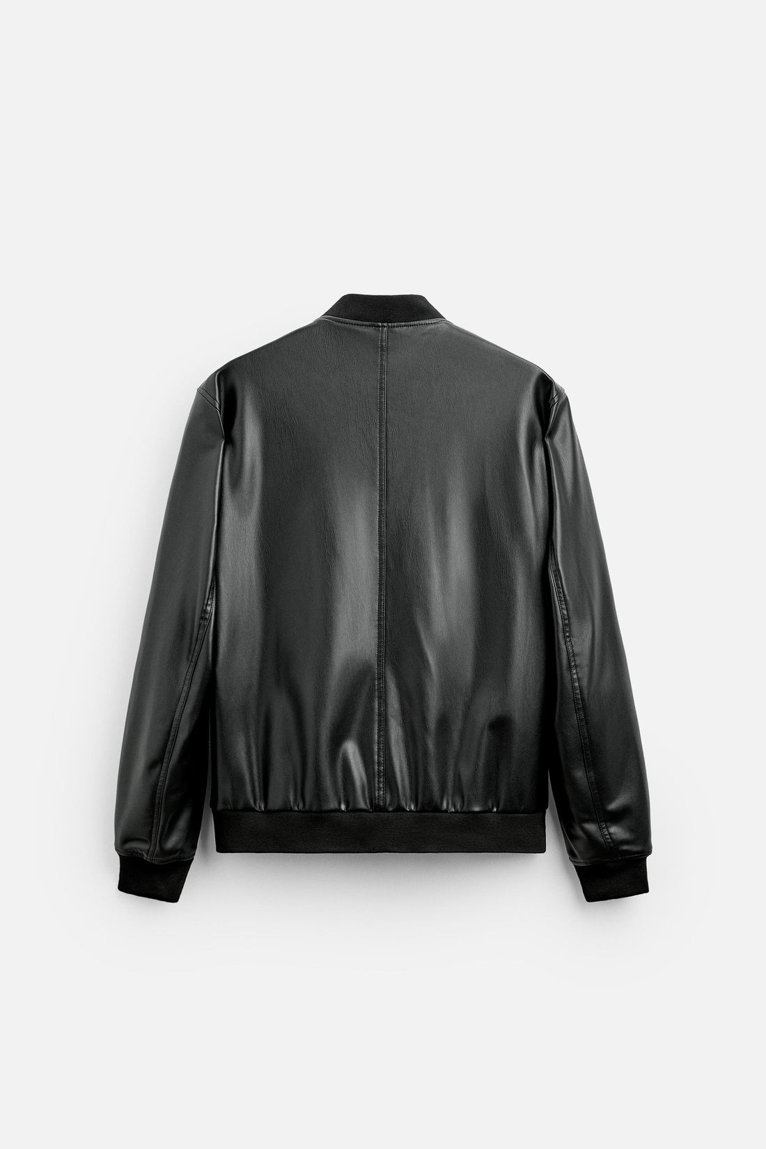 Men's Black Faux Leather Bomber Jacket with Long Sleeves