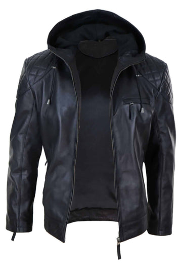 Men's Black Hooded Biker Soft Nappa Leather Jacket