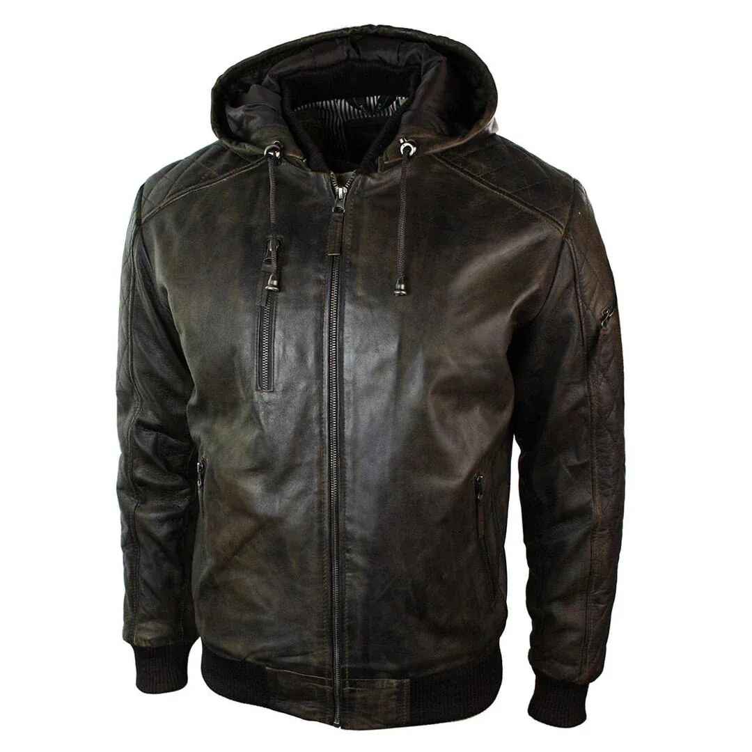 Men's Black Hooded Bomber Leather Jacket