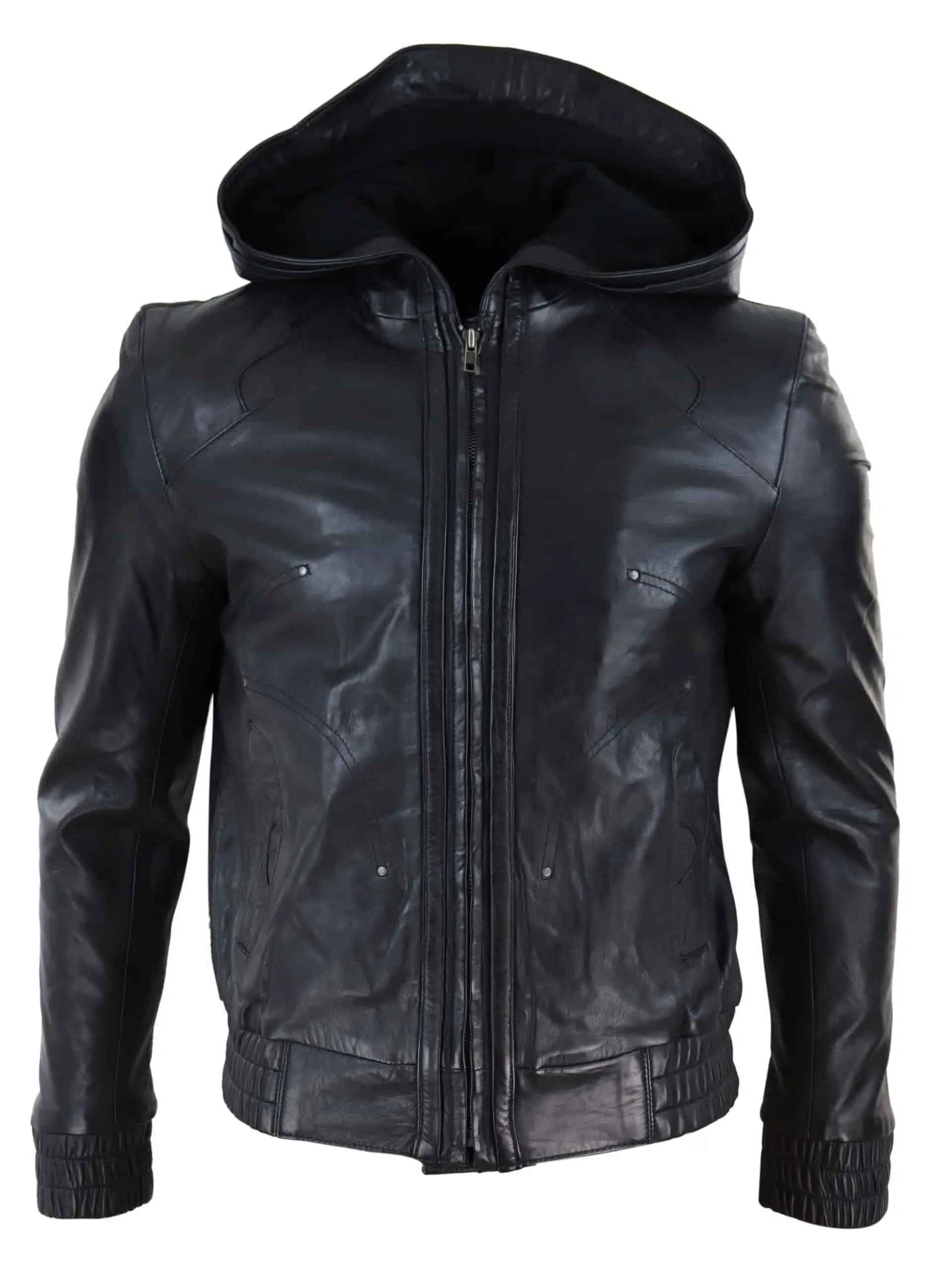 Men's Black Hooded Leather Bomber Jacket