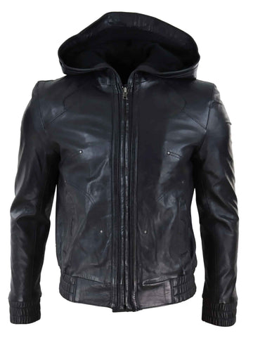 Men's Black Hooded Leather Bomber Jacket