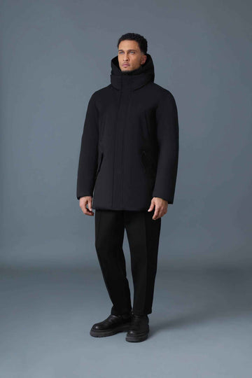 Men's Black Hooded Storm Cuffs Regular Fit Down Jacket