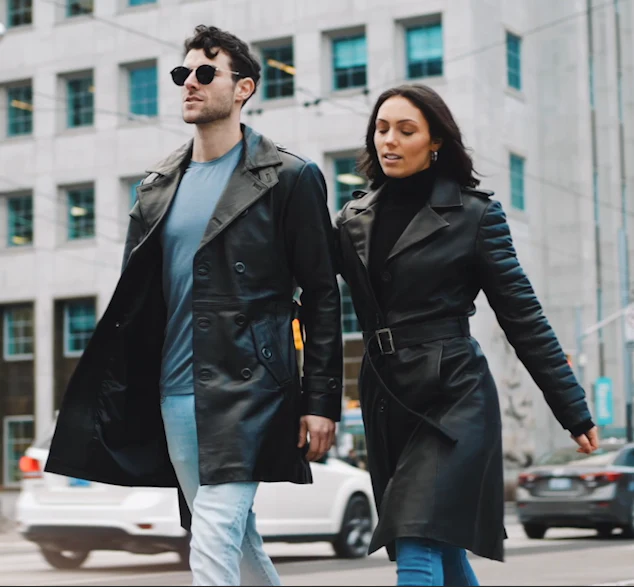 Men's Black Leather Belted and Double Breasted Trench Coat