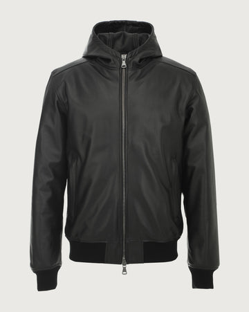 Men's Black Nappa Hooded leather jacket