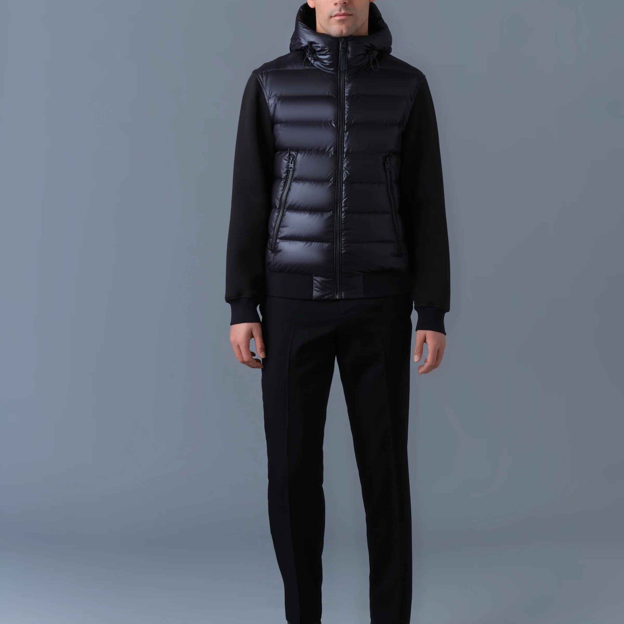 Men's Black Regular Fit Hooded Hybrid Puffer Jacket