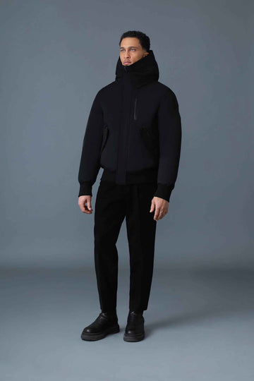Men's Black Removeable Hood Down Bomber Jacket