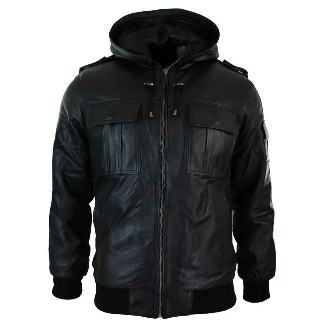 Men's Black Zipped Leather Hood Bomber Jacket