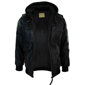 Men's Black Zipped Leather Hood Bomber Jacket