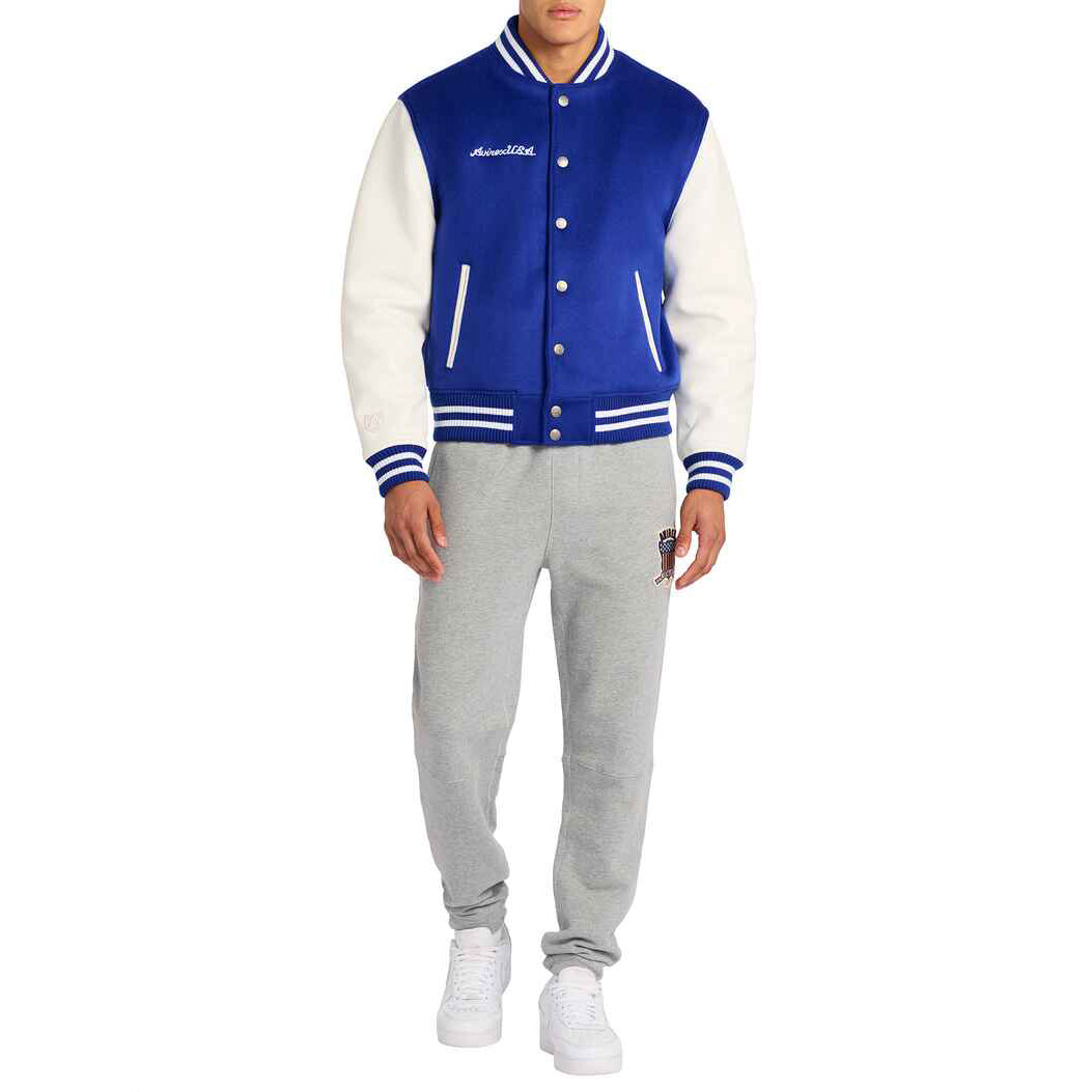 Blaue Varsity-Lederjacke aus Wolle mit gestreiftem Kragen für Herren