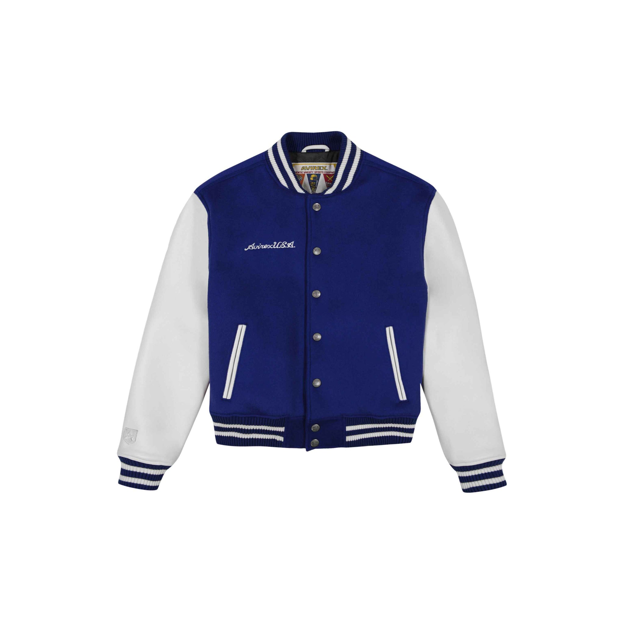 Men's Blue Striped Collar Wool Varsity Leather Jacket