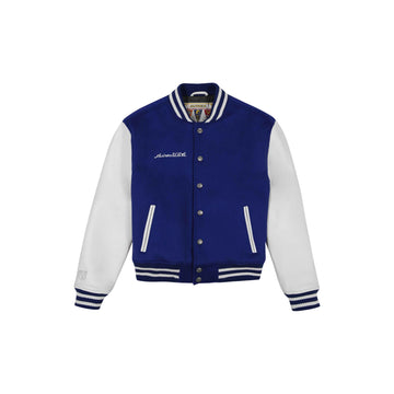 Men's Blue Striped Collar Wool Varsity Leather Jacket