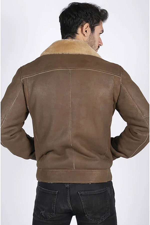 Men's Brown Aviator Sheepskin Cross Zip Leather Jacket