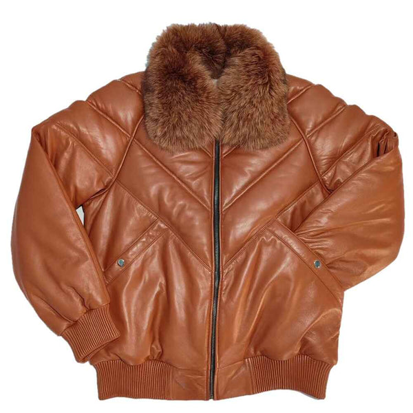 Men’s Brown Genuine Lambskin Leather V Bomber Jacket