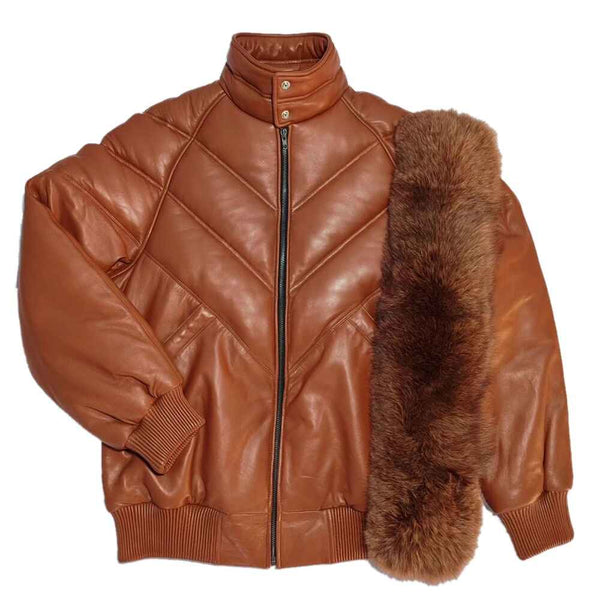 Men’s Brown Genuine Lambskin Leather V Bomber Jacket