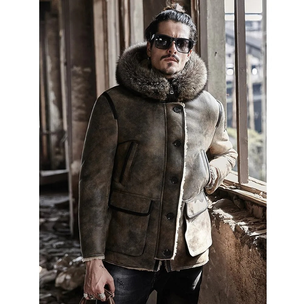 Men's Brown Leather Shearling Coat