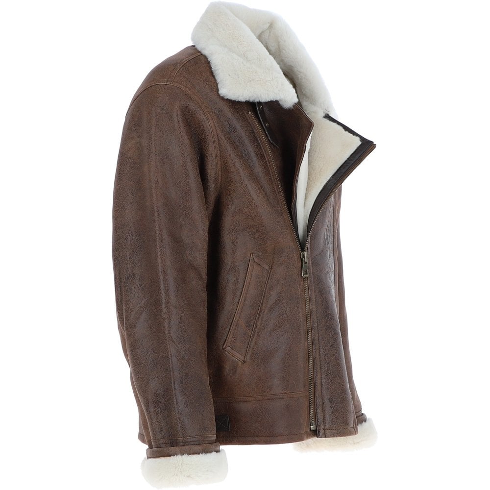 Braune Herren-Lederjacke aus Schaffell mit Stehkragen