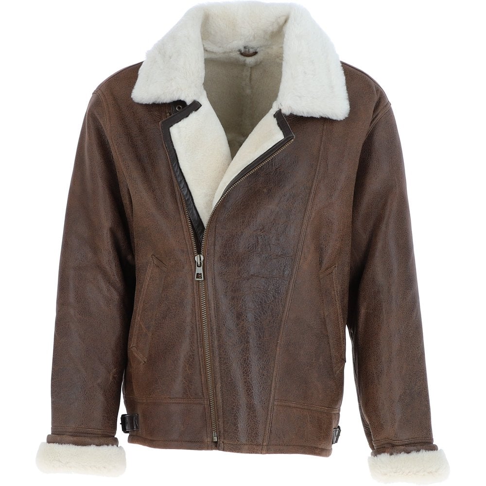 Braune Herren-Lederjacke aus Schaffell mit Stehkragen