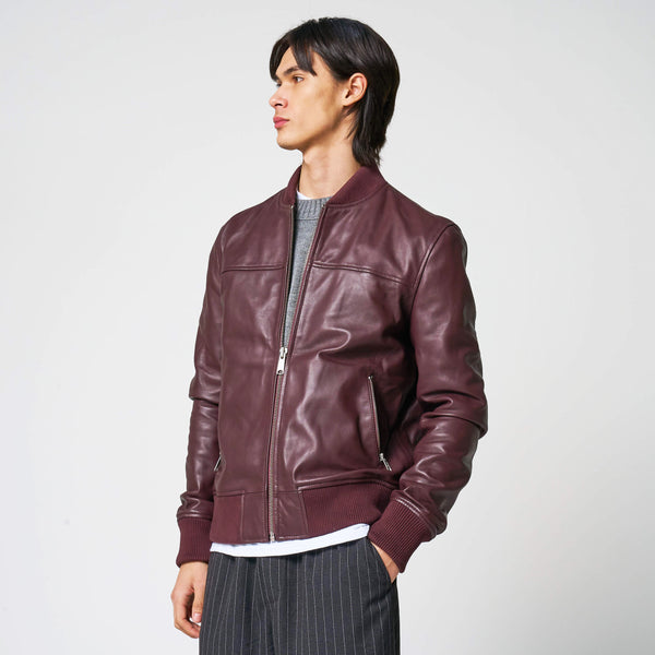 Men’s Burgundy Leather Bomber Jacket