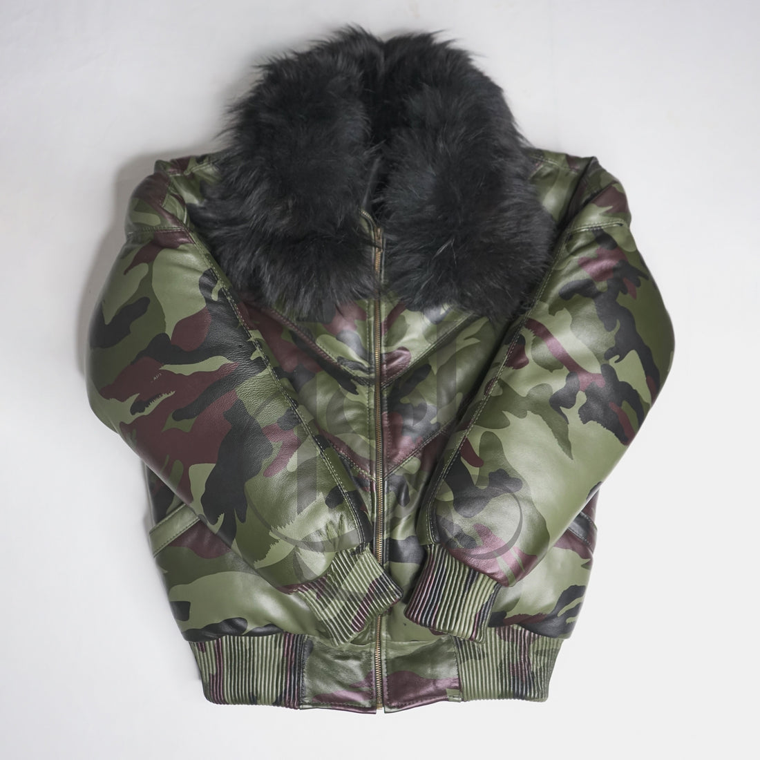 Men's Camo 100% Duck Down Real Fur Collar V-Bomber  Sheepskin Leather Jacket