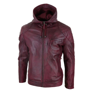 Men's Casual Zip Retro Hooded  Genuine Leather Biker Jacket