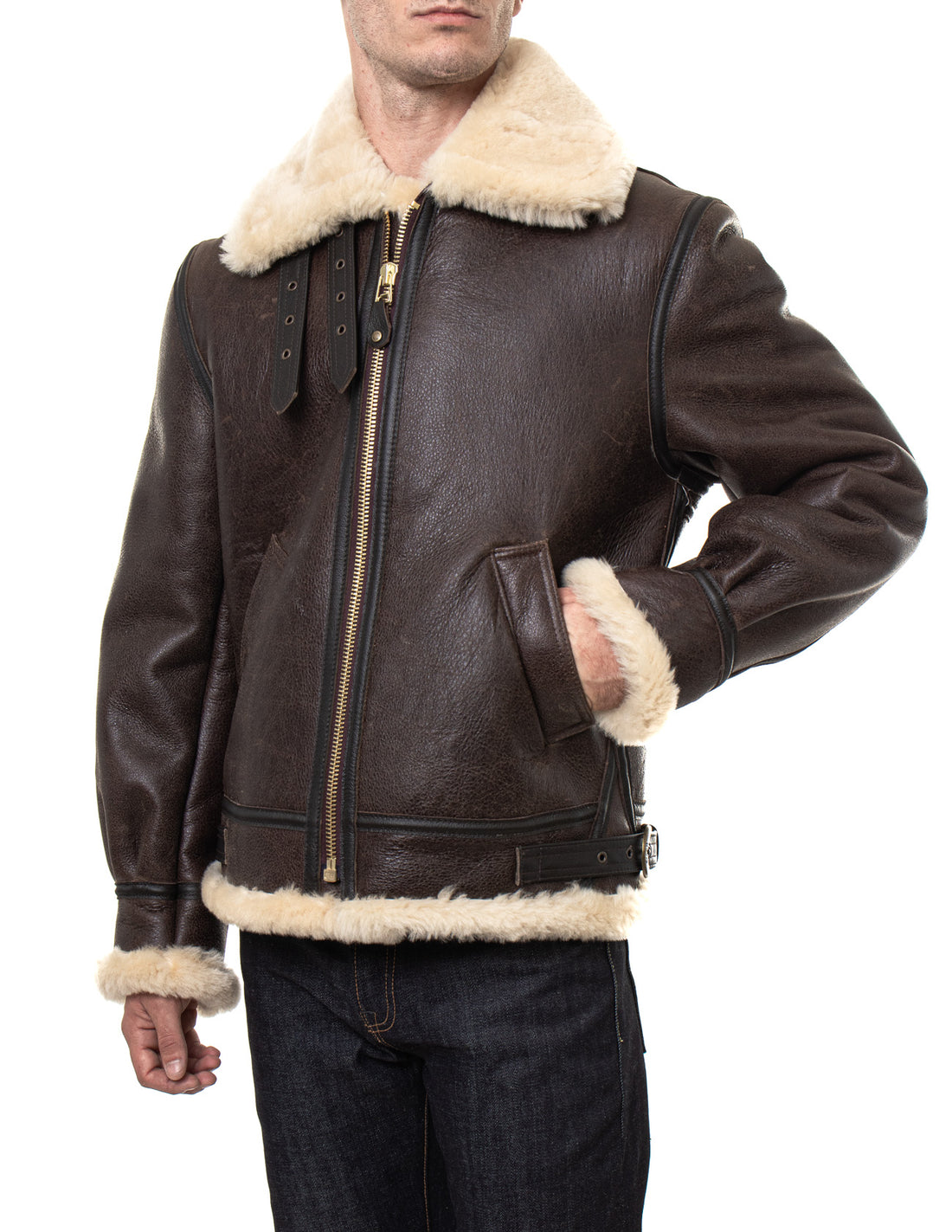 Chaqueta bomber clásica de piel de oveja B-3 para hombre, marrón/beige