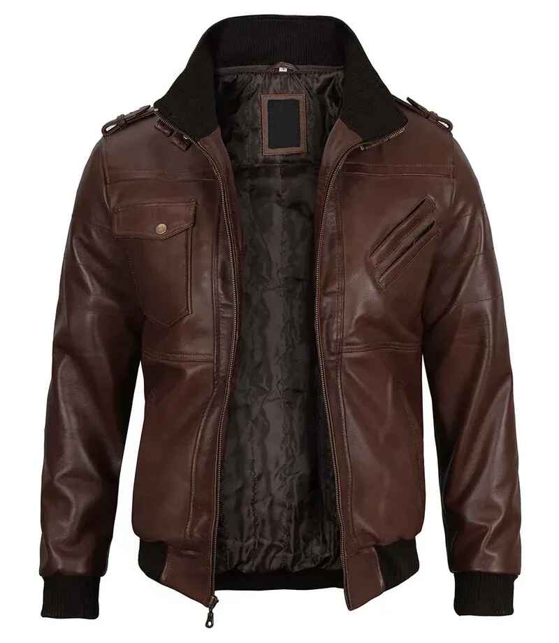 Men's Dark Brown Removable Hooded Leather Bomber Jacket