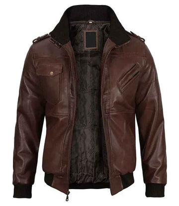 Men's Dark Brown Removable Hooded Leather Bomber Jacket