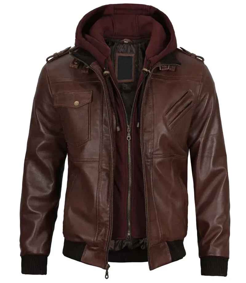 Men's Dark Brown Removable Hooded Leather Bomber Jacket