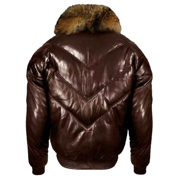 Men's Dark Brown V-Bomber Leather Jacket With Raccoon Fur Collar