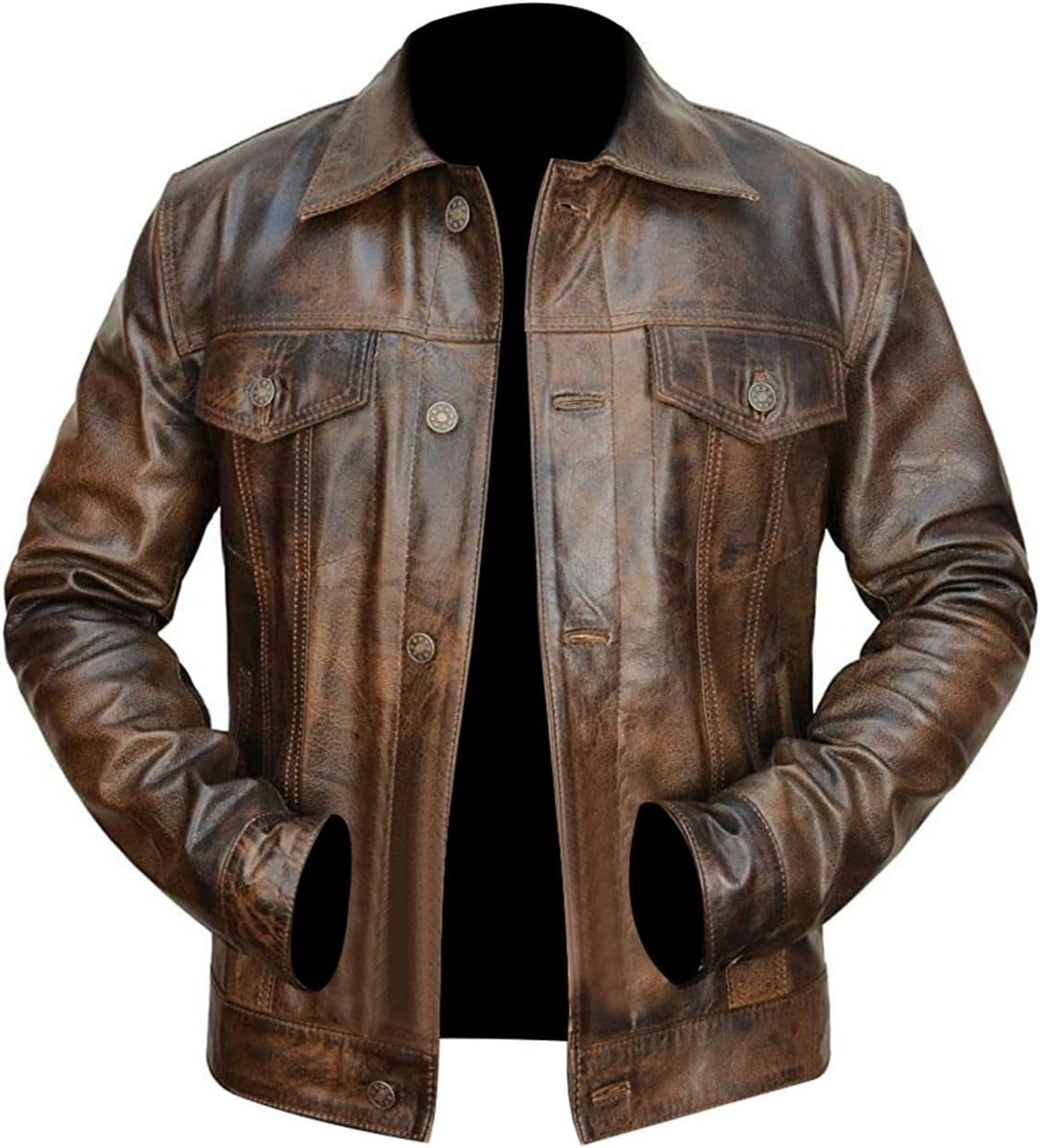 Men's Distinctive Distressed Brown Trucker Jacket Vintage Style Leather Jacket