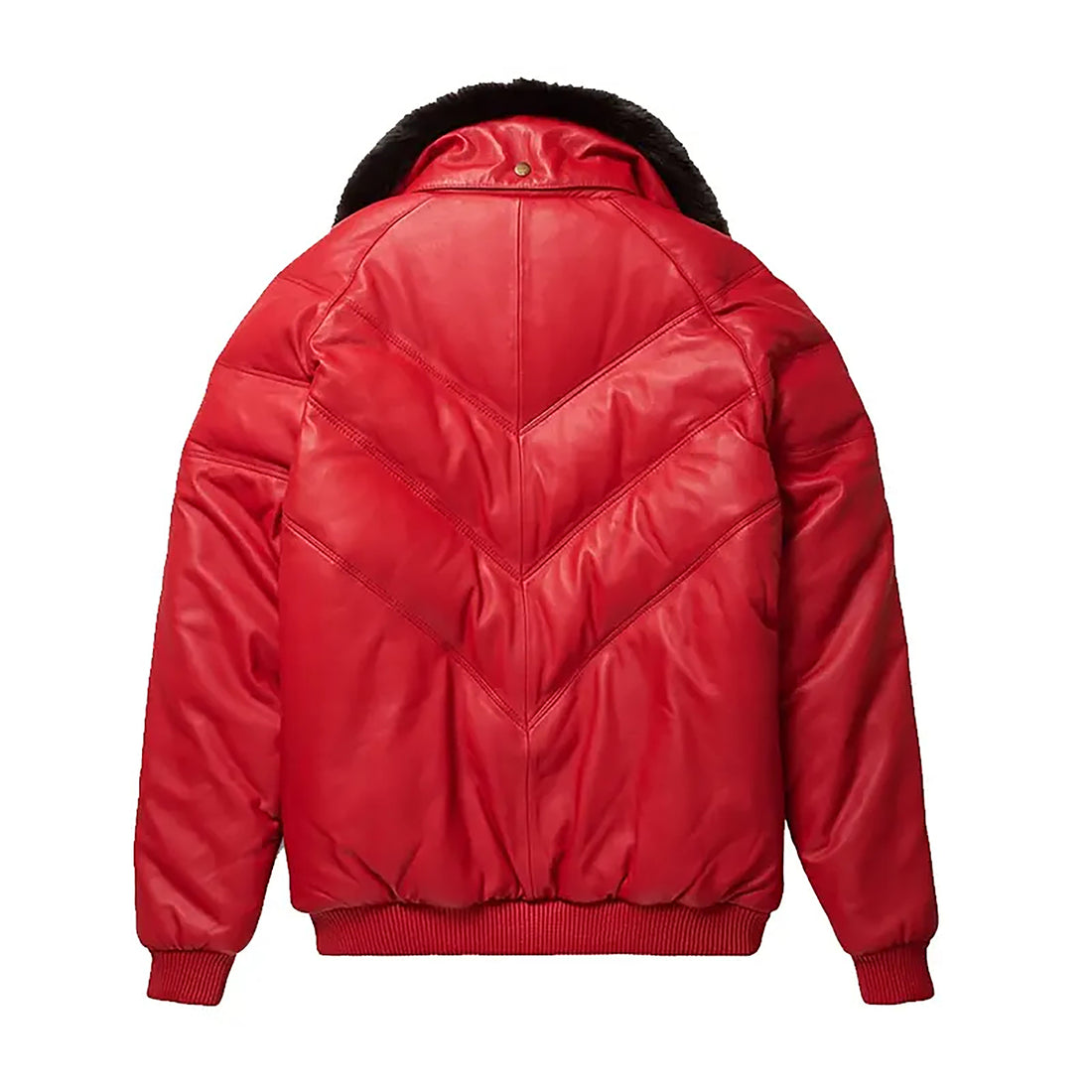 Men's Double Goose Puffer Fox Fur Collar Lambskin Leather V-Bomber Jacket