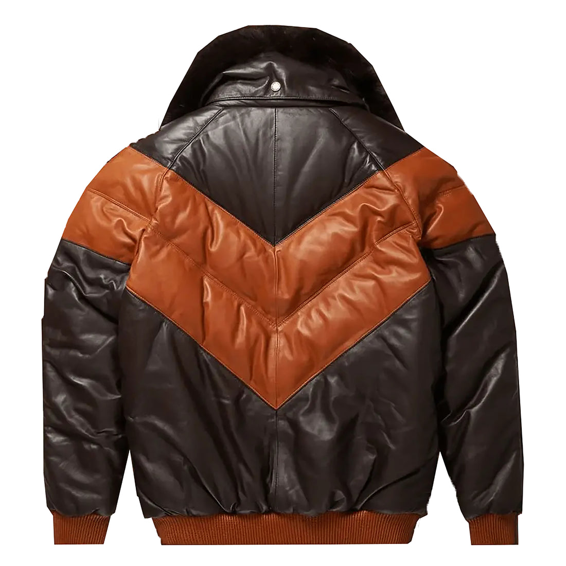 Men's Double Goose Puffer Fox Fur Collar Lambskin Leather V-Bomber Jacket